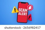 Smartphone scam alert. Hand hold smartphone with fraud alert. Vector illustration