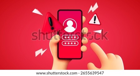Smartphone scam alert. Hand hold smartphone with fraud alert. Vector illustration