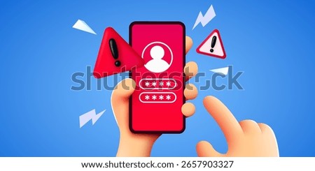 Smartphone scam alert. Hand hold smartphone with fraud alert. Vector illustration