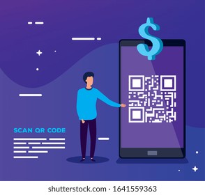 smartphone scan code qr with business man and symbol dollar vector illustration design