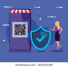 smartphone scan code qr with business woman and shield vector illustration design