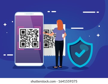 smartphone scan code qr with business woman and shield vector illustration design