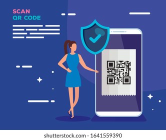 smartphone scan code qr with business woman and shield vector illustration design