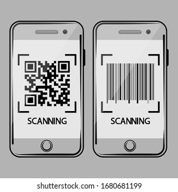Smartphone scan QR code and barcode. Qr code and bar code scanning icon on mobile phone screen. Vector 
