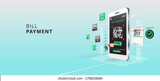 Smartphone to scan QR code on paper for detail, technology and business concept with Application and icon .vector illustration.