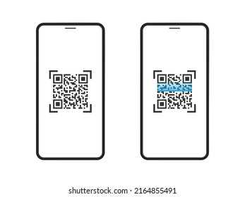 Smartphone with scan QR code set. Realistic black phone scanning qr code. Vector isolated on white.
