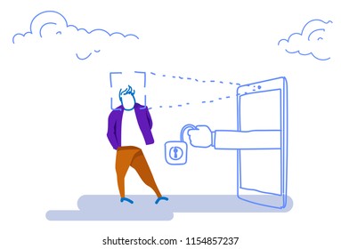 escaneo de smartphones cara desbloquear candado reconocimiento de candado autorización de autorización acceso de aplicación móvil concepto de silueta empresario boceto doodle ilustración vectorial