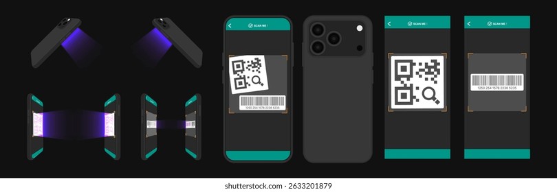 Smartphone Scanning QR e código de barras - leitor de código QR móvel, verificação de identidade e credencial, scanner App Vetor Ilustração