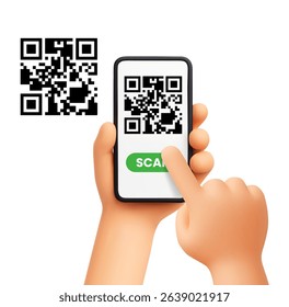 Smartphone scanning QR code. 3D cartoon hand scans QR code on cell phone screen with finger tap, verification or access. Payment, ticketing and apps, digital ID. 3D soft render vector concept.