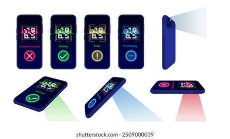 Smartphone Scanning QR Code Concept for Online Shopping and Payments: Front, Side, and Perspective Views for Special Offers and Identity Verification. Vector.