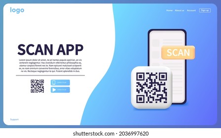 Smartphone scanning qr code. Download page of the mobile app. Web banner. Concept web design, website page development. Qr code verification landing page. 