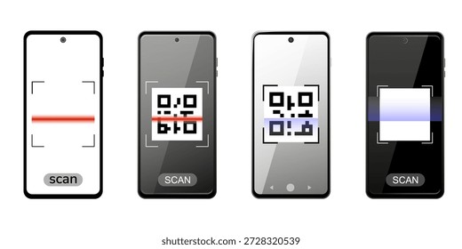 Smartphone scanning QR code mockup set. Collection of scanning phones with QRcode frame. Scan me phone tag. Template for mobile app, payment, smartphone, pda, smartphone. Electronic barcode technology