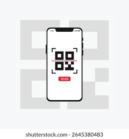 Smartphone scanning QR code with red scan line, mobile payment, digital check-in, contactless technology, flat vector illustration on white background.