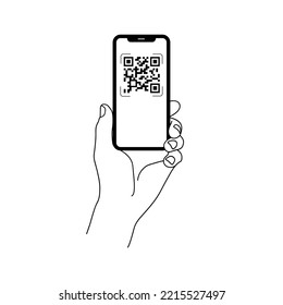 Smartphone scanning qr code vector illustration. llustration of person scanning qr code with smartphone. Mobile phone in hand isolated flat vector illustration. Holding smartphone with blank screen.