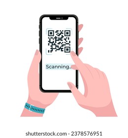 Vector de código qr de exploración de Smartphone. ilustración de una persona escaneando un código qr con un smartphone. Teléfono móvil en ilustración vectorial plana aislada a mano. Portando el smartphone con pantalla en blanco. 