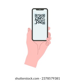 Smartphone scanning qr code vector. llustration of person scanning a qr code with a smartphone. Mobile phone in hand isolated flat vector illustration. Holding smartphone with blank screen. 