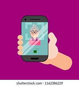 Smartphone scans  face id. Biometric identification. Facial recognition system concept. Mobile app for face recognition. Isometric flat vector illustration