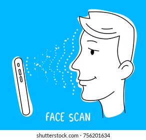 Smartphone scans face to unlock screen on blue background. Vector illustration of male head and new mobile phone with face id. Line art doodle style design of new technology for web, site, banner, ad