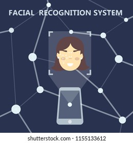 Smartphone scans a man face. Biometric identification. Facial recognition system concept. 