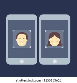 Smartphone scans a man face. Biometric identification. Facial recognition system concept. Mobile app for face recognition.