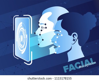 Smartphone scans a person face. Biometric identification. Facial recognition system concept. Mobile app for face recognition. Isometric flat vector illustration