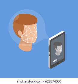 Smartphone scans a person face. Biometric identification. Facial recognition system concept. Mobile app for face recognition. Isometric flat vector illustration