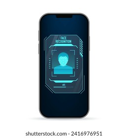 The smartphone scans a person's face, forming a polygonal mesh consisting of lines. Face ID, facial recognition, biometric identification, identity detection AI algorithms. Vector illustration