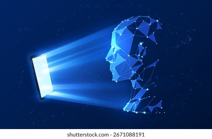 O smartphone varre a face de uma pessoa, formando uma projeção em malha poligonal. ID de rosto. Verificação de segurança cibernética de vetor, varredura face de tecnologia biométrica. Sistema de reconhecimento e identificação facial