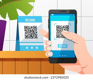 Smartphone scans qr code on table and online payment,.