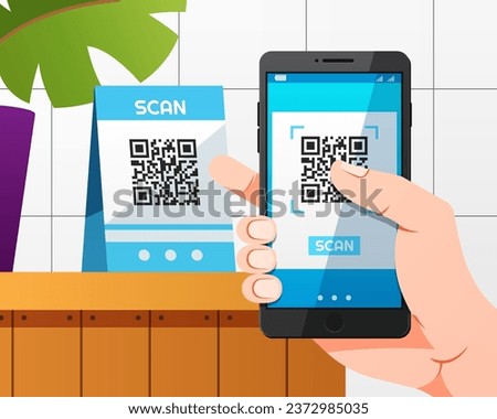 Smartphone scans qr code on table and online payment,.