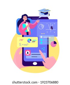 Smartphone School Application for Remote Education.Online Educational Digital Lesson Tutorial.Teacher Explain Knowledge for Pupil.Mobile Screen.Study Homework.Home Internet Learning.Vector Illustratio