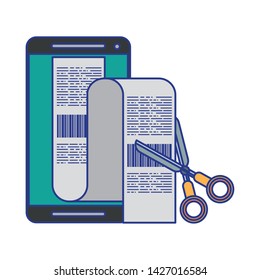 Smartphone and scissors cutting bills isolated vector illustration graphic design