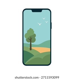 Pantalla de smartphone con colinas Abstractas, árboles y pájaros