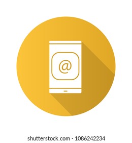 Smartphone screen with arroba sign flat design long shadow glyph icon. Mail app. E-mail address. Vector silhouette illustration