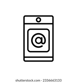 Pantalla Smartphone con icono lineal de señalización de arroba. Aplicación de correo. Ilustración de línea delgada.