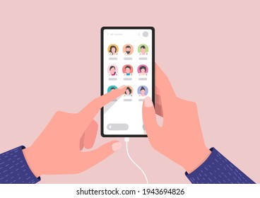 Smartphone screen with audio chat conversation. Hand holding mobile phone with audio chat social network application. Clubhouse app.
