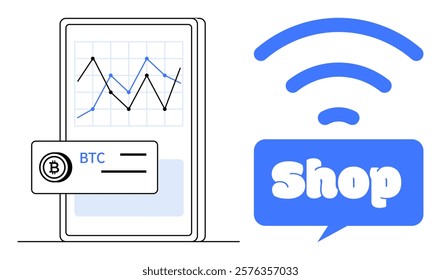 A smartphone screen with a Bitcoin chart and a credit card symbol alongside a blue shop sign with a wireless symbol. Ideal for technology, cryptocurrency, e-commerce, online shopping, digital