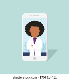 Smartphone Screen With Black Woman Doctor Online. Medicine And Telemedicine Concept. Vector Flat Person Illustration.