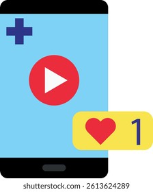 Smartphone screen with blue background, red video play icon, plus sign, and yellow notification bubble with heart and number 1.