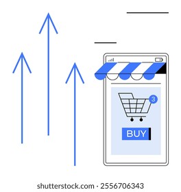 Smartphone screen with blue shopping cart and buy button representing online shopping. Three blue arrows pointing upward symbolize increasing e-commerce success. Ideal for online business e-commerce