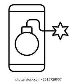 Smartphone screen with bomb thin line icon, hacker attacks concept. Vector graphics. Phone and grenade bomb sign on white background, linear style for mobile or design