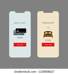 Smartphone screen with book hotel flight application ui flat style illustration.
