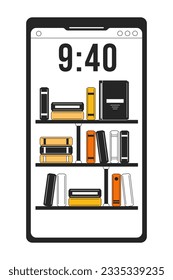 Smartphone screen with books wallpaper flat line color isolated vector object. Editable clip art image on white background. Simple outline cartoon spot illustration for web design