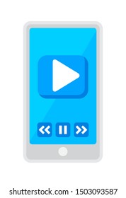 smartphone screen and button play for media player icon, media player concept, elements ui graphic design, smartphone with simple video button flat menu, icons audio button blue set on cellphone