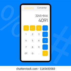 Smartphone screen With Calculator App, Vector realistic modern illustration. Material style. Flat style application. EPS 10