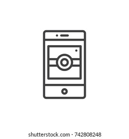 Smartphone screen with camera line icon, outline vector sign, linear style pictogram isolated on white. Symbol, logo illustration. Editable stroke