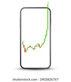 Smartphone screen charts arrow graph rise price vector concept. Market chart increase economy background profit