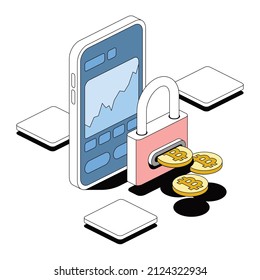 Smartphone screen, charts, lock bitcoin. Vector 3d sketch line isometric style, color icon illustration. Creative design idea and infographics elements.