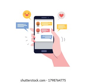 The smartphone screen with the chat application turned on. Several people are chatting together in a chat application.
