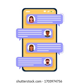 Smartphone screen with chat bubbles, text messages with avatars. Flat vector illustration. Isolated on white background. Chatting with friends.